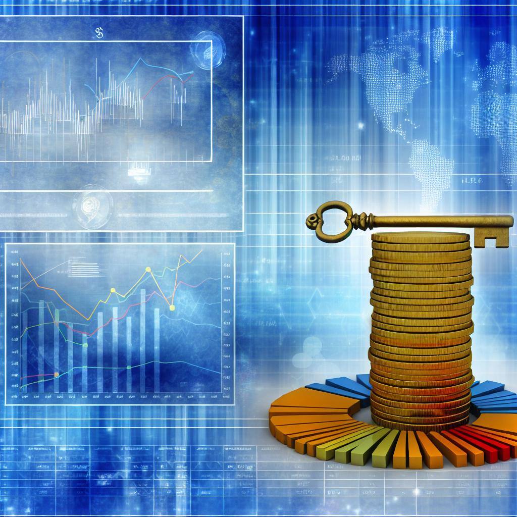 A towering stack of gold coins surrounded by financial charts and graphs, with a key hovering above them symbolizing unlocking financial success.